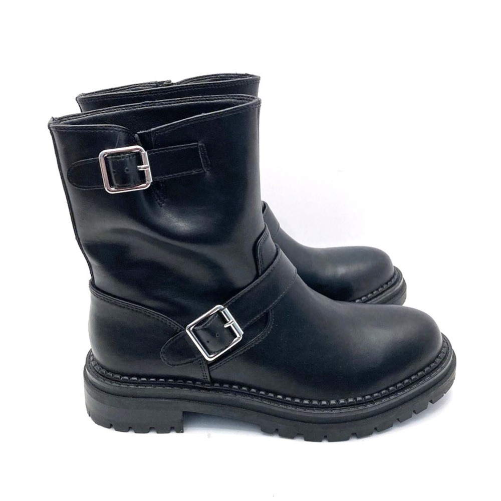 Steve Madden Brycin Moto Boots Lug Sole Black Leather Womens 9M Biker